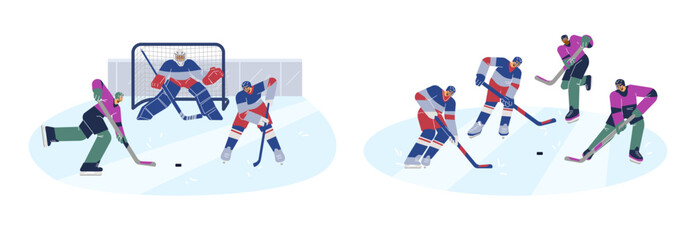 Set of scenes with people playing hockey flat style, vector illustration