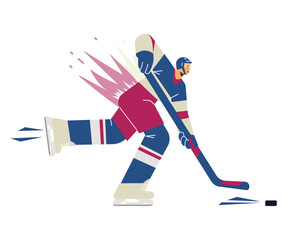 Vector cartoon isolated illustration of hockey player with brassy and puck moving fast forward, side view, motion lines - obrazy, fototapety, plakaty