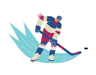Vector isolated illustration of a hockey player with brassy and puck, Cartoon line art motion lines, Olympic Winter Game