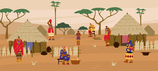 African tribal ethnic village with huts and people flat vector illustration.