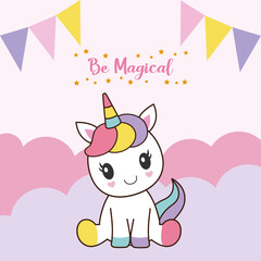 Obraz na płótnie Canvas cute unicorn invitation, be magical, birthday