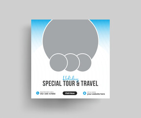 travel sale social media post template. Web banner, flyer or poster for travelling agency business offer promotion. Holiday and tour advertising banner design.