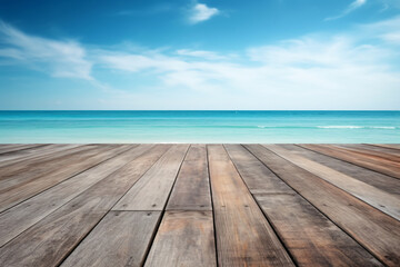 Naklejka na ściany i meble Wooden board empty table in front of blue sea & sky background. perspective wood floor over sea and sky photography
