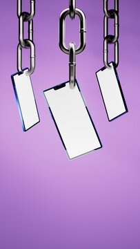 Smartphones hanging from the ceiling by means of chains, purple background, 3d illustration