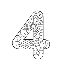Black and white vector illustration for coloring. Number four in the Zentangle style.