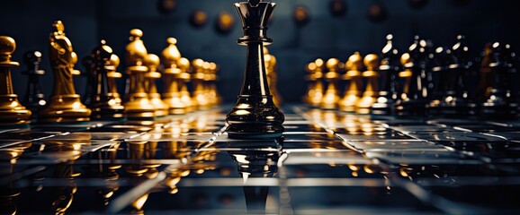 black and gold chess pieces in row over a chess board