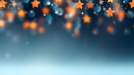 Festive abstract christmas background in blue orange gradient with soft bokeh lights and sharp stars, creating banner with warm, celebratory atmosphere of holiday or party, joyful celebration backdrop