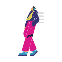 Teenager in bright clothes with waist bag standing and listening headphones while waiting, Vector doodle illustration