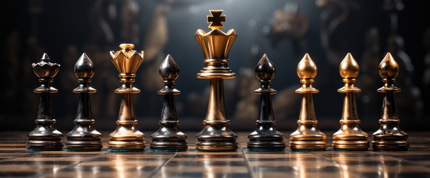 Black And Gold Chess Pieces In Row Over A Chess Board