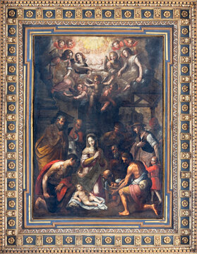 NAPLES, ITALY - APRIL 21, 2023: The painting of Nativity on the ceiling of Cathedral by Giovanni Balducci (1560 - 1630).