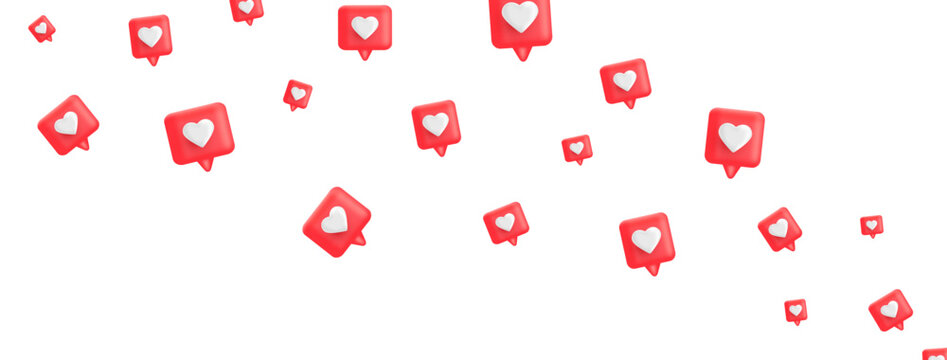 3d render red like icon wave. Comment button. Social media bubble with heart. Love element. Share tag. Notice people. Chat speech communicate. Notification label. Emoji reaction. Vector illustration