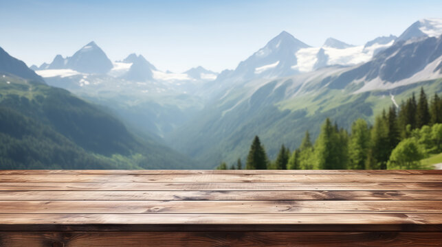 empty wooden table with mountain nature, copy space, blurred background. ai generative