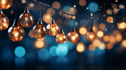 holiday illumination and decoration concept - christmas garland bokeh lights over dark blue background.ai generative