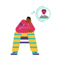 Sad and tired man dreaming about vacation in mountains, flat vector illustration isolated on white background.