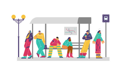 Frustrated people waiting for public transport on bus stop, flat vector illustration isolated on white background.