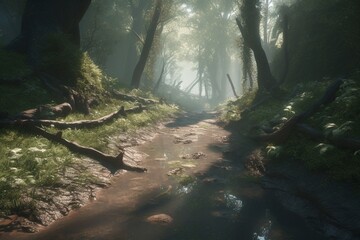A winding forest path with a small creek running alongside it, Generative AI