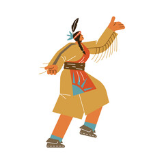 Woman dancing in traditional Native American clothes, flat vector illustration isolated on white background.