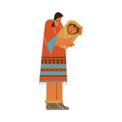 Vector isolated illustration of Native American, Indian tribal young woman holding baby in traditional ethnic costume