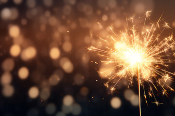 Happy New Year, sparkling burning sparkler on blurred bokeh background. ai generative
