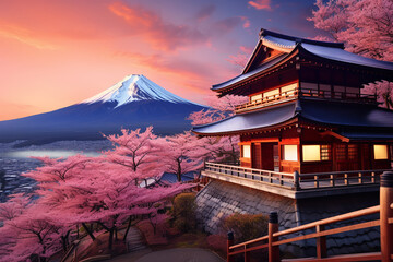 mountain in japan, local oriental house and sakura blossom, background image, landscape. sunset, Asia, landscape, nature. ai generative