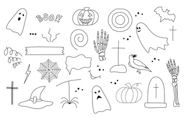 Halloween  Set of doodle illustrations Black outline design elements Line hand-drawn vector illustration isolated on white background.