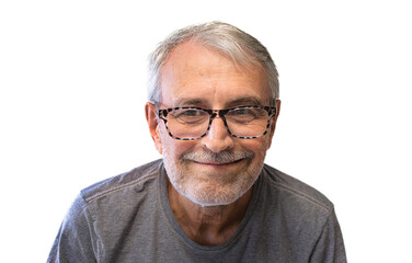Close-up portrait of an unshaven old man in glasses, looking into the lens, isolated, on a white...