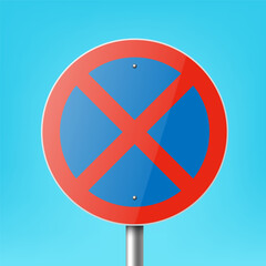 Fototapeta premium Vector Blue and Red Round Prohibition Sign Icon - Parking Prohibited, Stopping Prohibited Sign Frame Closeup on a Blue Sky Background. Traffic Road Plate, Sign Design Template, Front View