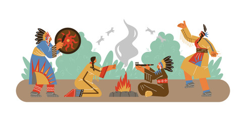 American Indians dancing and singing by the fire, flat vector illustration isolated on white background.