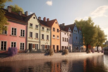 Fototapeta na wymiar A row of colorful houses along a canal in a quaint European town, Generative AI