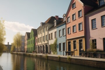 Fototapeta na wymiar A row of colorful houses along a canal in a quaint European town, Generative AI