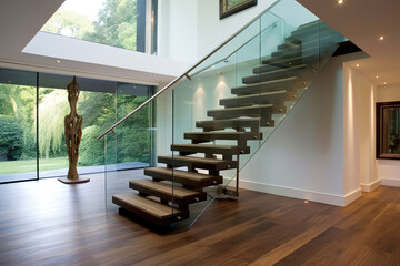 Contemporary Staircase With Glass Balustrades And Floating Steps Contemporary Interior Design. Generative AI