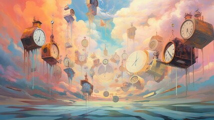 Floating clocks in the sky full of clouds background
