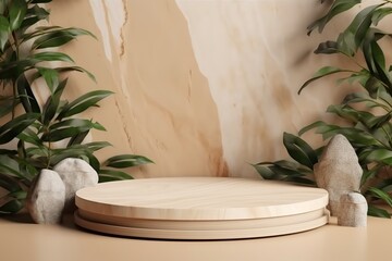 Premium podium made of paper on pastel background with plant branches, flowers, leaves, pebbles and natural stones. Mock up for product presentation
