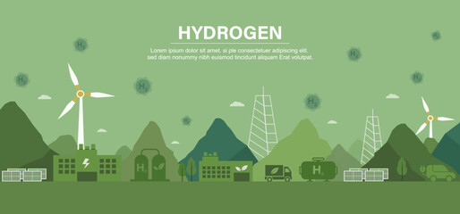 Green energy vector illustration Sustainable industry with wind turbines and solar panels Hydrogen gas concept - obrazy, fototapety, plakaty