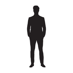 Young adult businessman standing with hands in pockets, front view, isolated vector silhouette