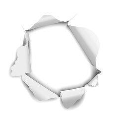 Realistic hole torn in white paper with curled rolled edges on transparent background - obrazy, fototapety, plakaty