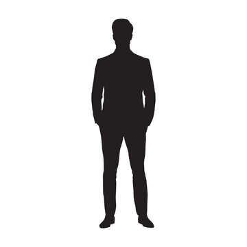recommend clip art: Young adult businessman standing with hands in pockets, front view, isolated vector silhouette