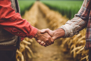 Farmers Handshake Against The Backdrop Of Unfocused Agriculture, Closeup. Generative AI