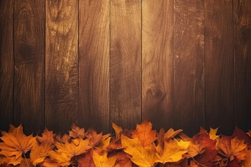 Naklejka na ściany i meble Empty Space Of Wooden Surface With Autumn Leaves. Generative AI