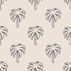 Obraz premium Vector Seamless Pattern with Palm Trees, Palm Tree Design Template, Print. Palm Silhouettes. Tropical, Vacation, Beach, Summer Concept. Vector Illustration. Front View
