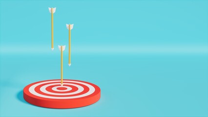 Yellow arrows fall on target shooting board on blue stage, 3d rendering, goal and achievement theme