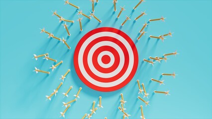 Many arrows out of target shooting board, blue stage, bad decisions theme, 3d illustration