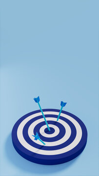 Target shooting board and blue arrows on blue stage, 3d illustration, business and achievement theme