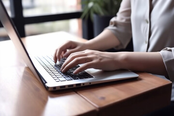 Female hands typing on keyboard of laptop
