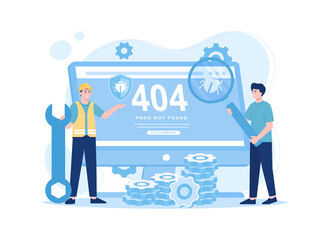 Technician fix a bug error 404, trending flat illustration