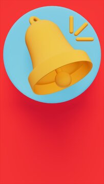 Red background with blue circle, yellow bell with call for attention, alert theme, 3d illustration