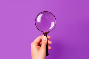 Magnifyipng Glass In Womans Hand On Purple Background, Top View. Generative AI