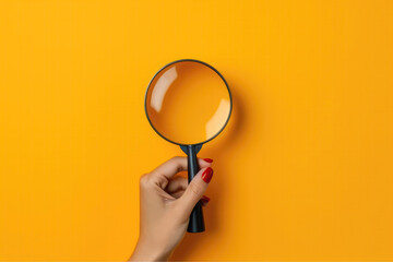 Magnifyipng Glass In Womans Hand On Yellow Background, Top View. Generative AI
