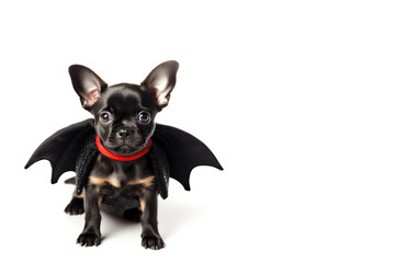 Puppy In Bat Costume On White Background. Empty Space. Generative AI