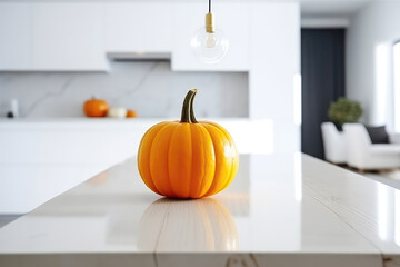 Pumpkin On The Table In White Modern Kitchen Closeup. Generative AI